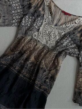 vintage early 2000s Crochet Yoke Ombre long blouse Taupe Whimsygoth